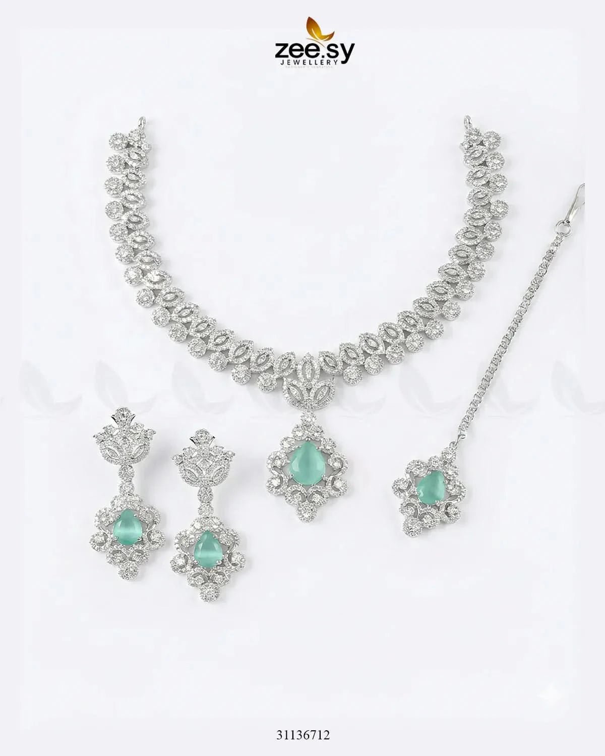 Silver Crystal Pave Necklace Set Silver Mint Green Necklace Sets - Zeesy Jewellery Pakistan | Premium Artificial & Imitation Jewellery