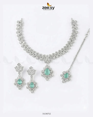 Silver Crystal Pave Necklace Set Silver Mint Green Necklace Sets - Zeesy Jewellery Pakistan | Premium Artificial & Imitation Jewellery