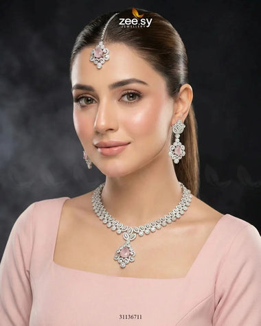 Silver Crystal Pave Necklace Set Silver Mint Pink Necklace Sets - Zeesy Jewellery Pakistan | Premium Artificial & Imitation Jewellery