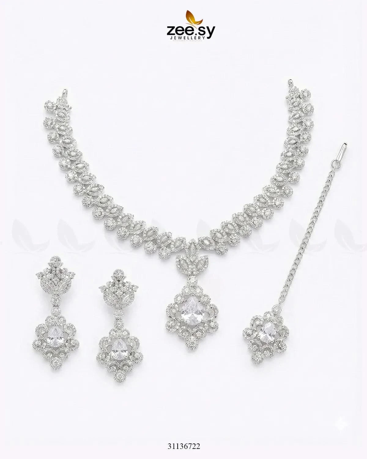 Silver Crystal Pave Necklace Set Silver White Necklace Sets - Zeesy Jewellery Pakistan | Premium Artificial & Imitation Jewellery