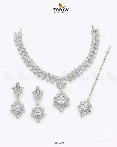 Silver Crystal Pave Necklace Set Silver White Necklace Sets - Zeesy Jewellery Pakistan | Premium Artificial & Imitation Jewellery