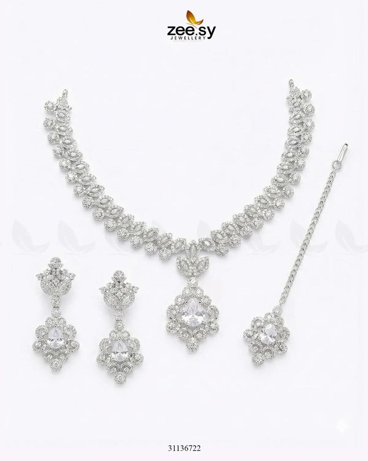Silver Crystal Pave Necklace Set Silver White Necklace Sets - Zeesy Jewellery Pakistan | Premium Artificial & Imitation Jewellery