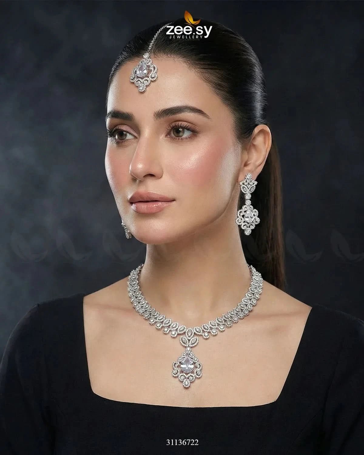 Silver Crystal Pave Necklace Set Necklace Sets - Zeesy Jewellery Pakistan | Premium Artificial & Imitation Jewellery