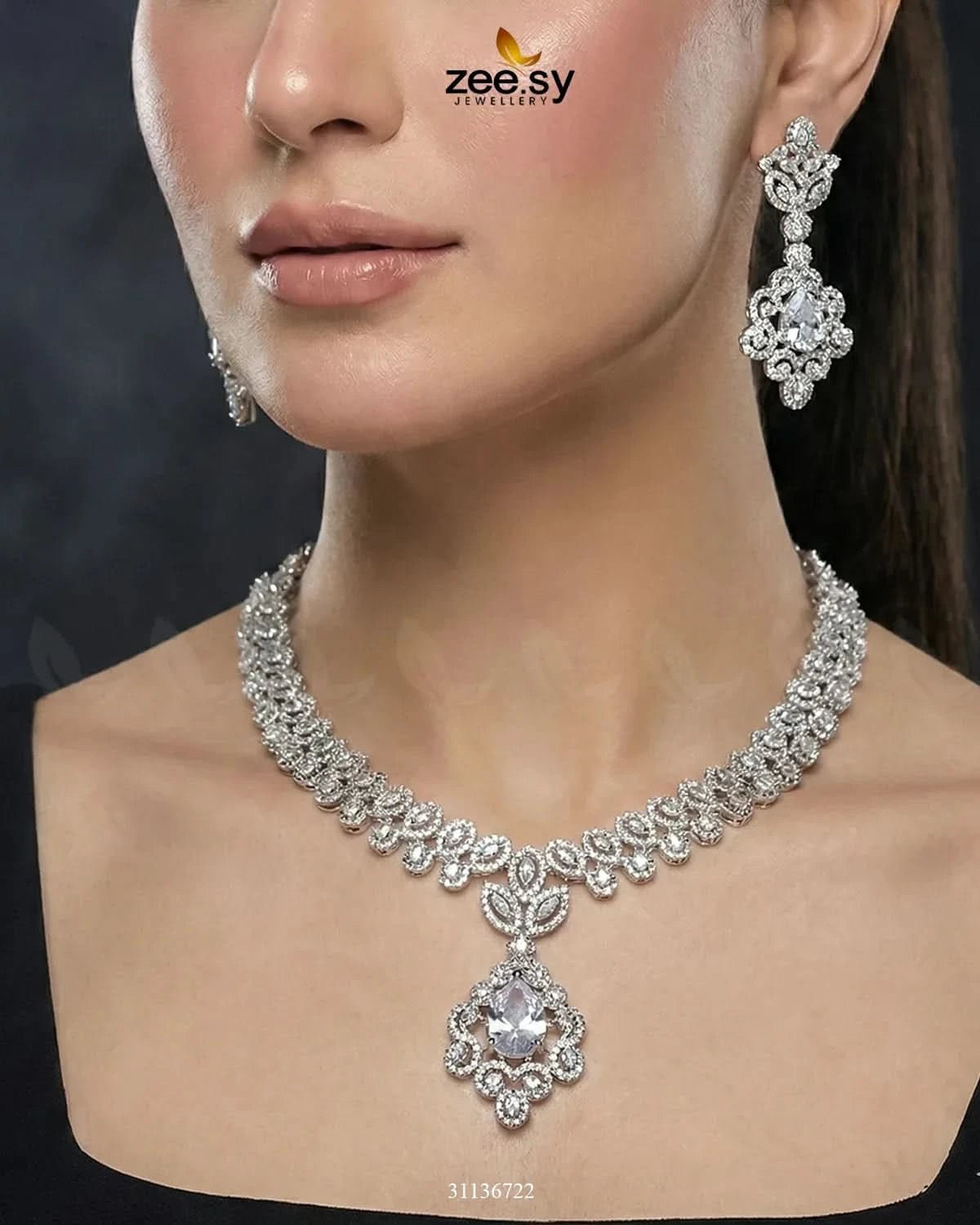 Silver Crystal Pave Necklace Set Necklace Sets - Zeesy Jewellery Pakistan | Premium Artificial & Imitation Jewellery