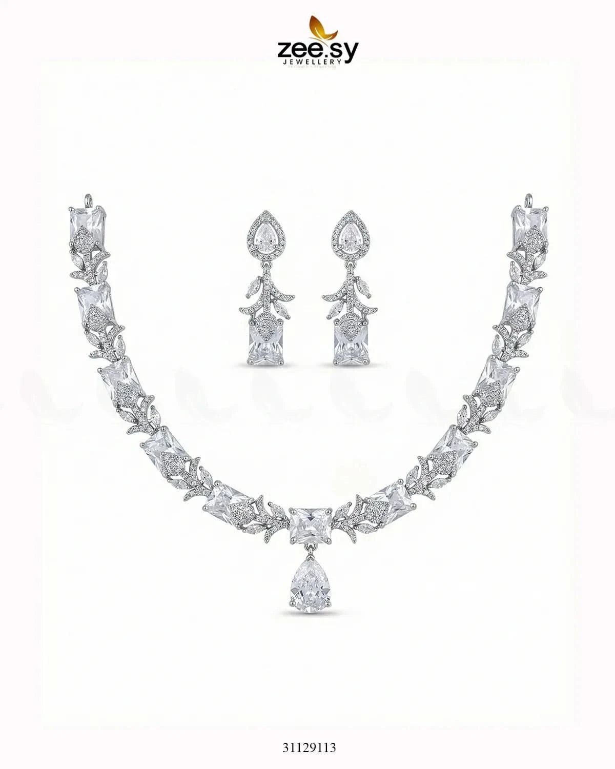 Silver Gilded Statement Necklace Set Silver White Necklace Sets - Zeesy Jewellery Pakistan | Premium Artificial & Imitation Jewellery