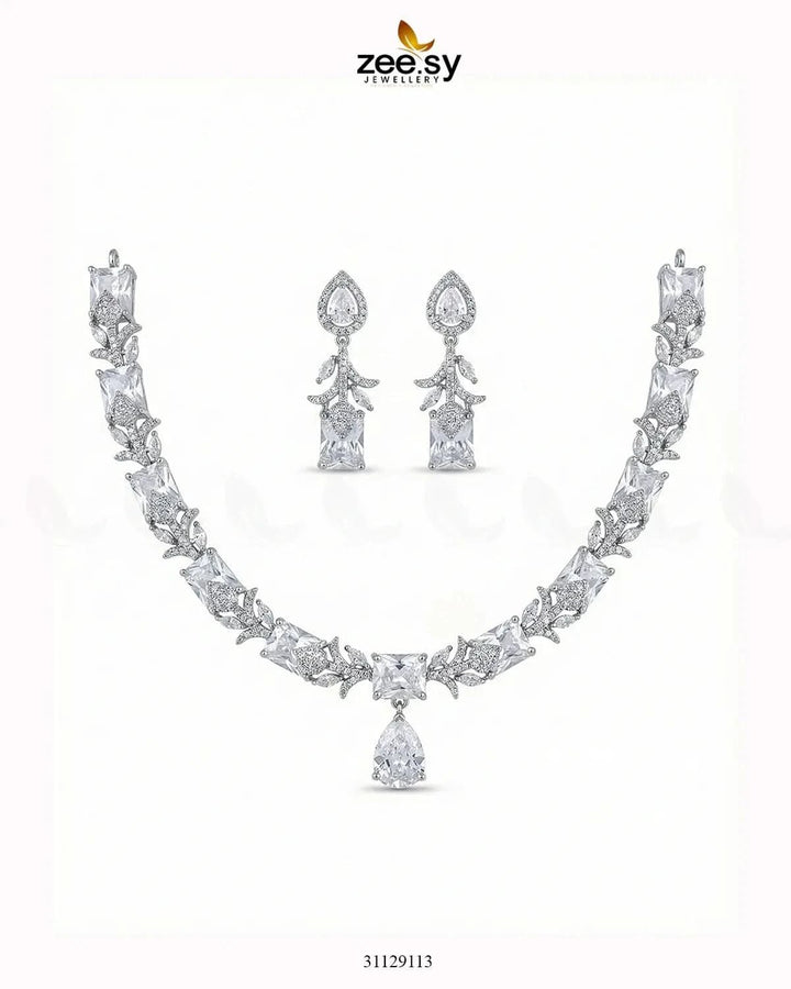 Silver Gilded Statement Necklace Set Silver White Necklace Sets - Zeesy Jewellery Pakistan | Premium Artificial & Imitation Jewellery