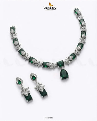 Silver Gilded Statement Necklace Set Silver Green Necklace Sets - Zeesy Jewellery Pakistan | Premium Artificial & Imitation Jewellery