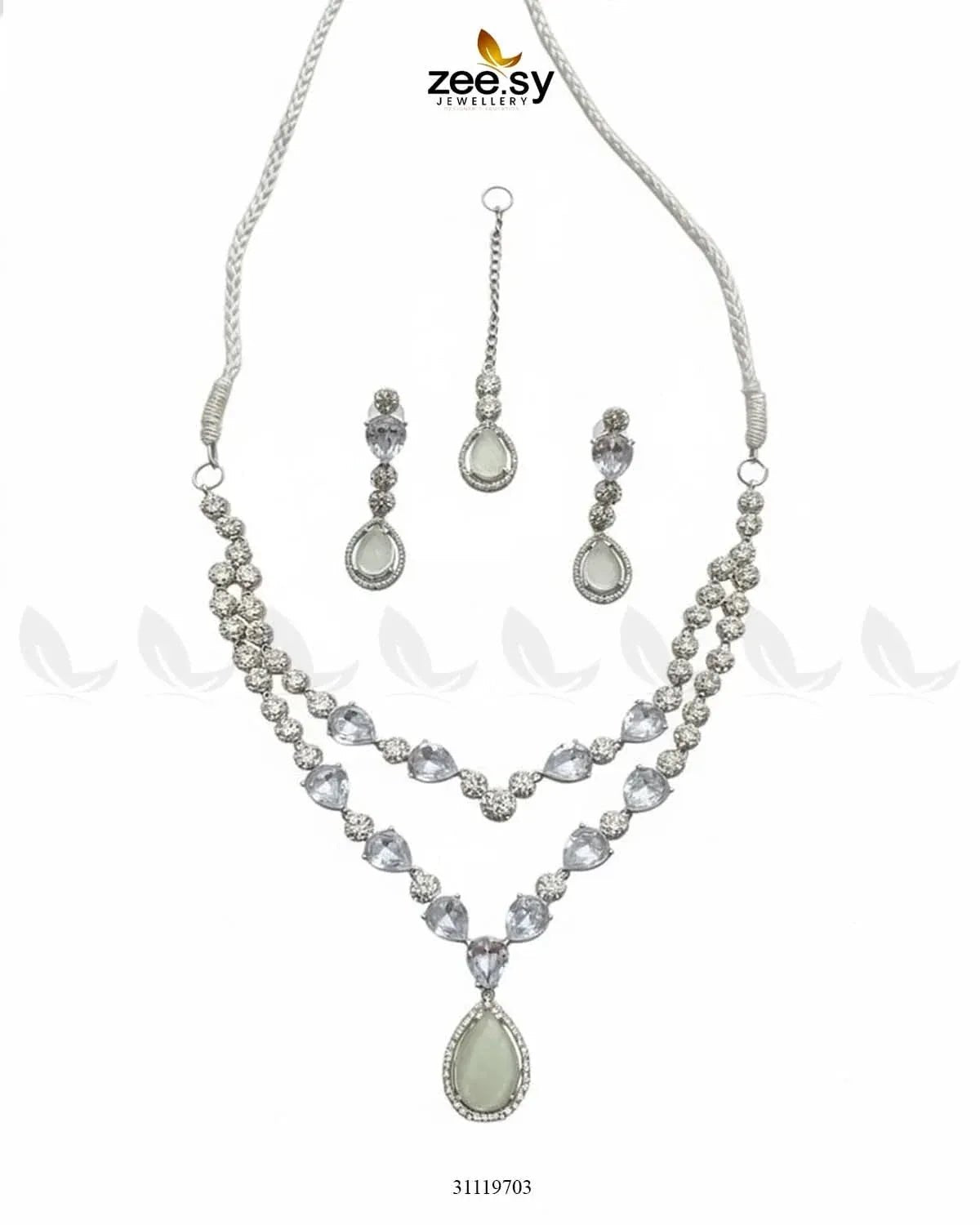Interlock Traditional Necklace Set Silver Mint Green Necklace Sets - Zeesy Jewellery Pakistan | Premium Artificial & Imitation Jewellery