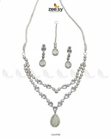 Interlock Traditional Necklace Set Silver Mint Green Necklace Sets - Zeesy Jewellery Pakistan | Premium Artificial & Imitation Jewellery