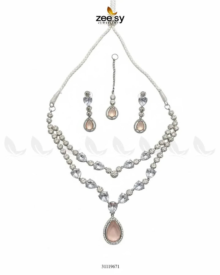 Interlock Traditional Necklace Set Silver Champagne Necklace Sets - Zeesy Jewellery Pakistan | Premium Artificial & Imitation Jewellery