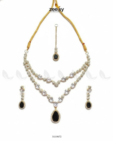 Interlock Traditional Necklace Set Golden Black Necklace Sets - Zeesy Jewellery Pakistan | Premium Artificial & Imitation Jewellery