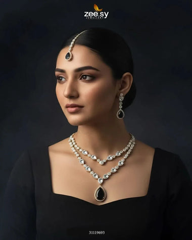 Interlock Traditional Necklace Set Silver Black Necklace Sets - Zeesy Jewellery Pakistan | Premium Artificial & Imitation Jewellery