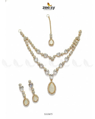Interlock Traditional Necklace Set Golden Mint Green Necklace Sets - Zeesy Jewellery Pakistan | Premium Artificial & Imitation Jewellery