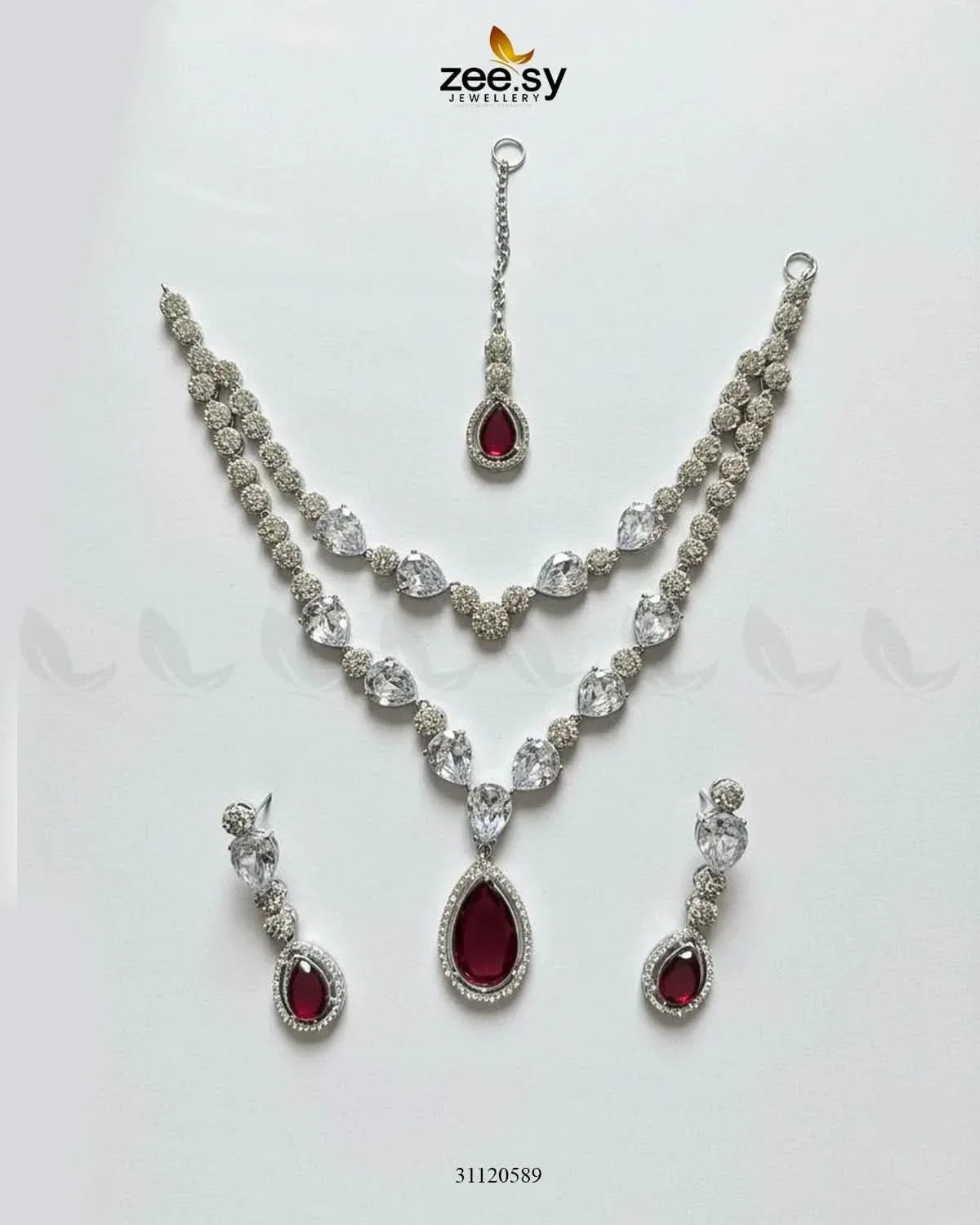 Interlock Traditional Necklace Set Silver Red Necklace Sets - Zeesy Jewellery Pakistan | Premium Artificial & Imitation Jewellery