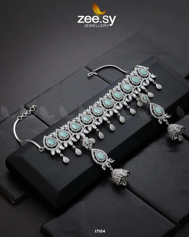 Kohinoor Necklace Silver Mint Green Necklace Sets - Zeesy Jewellery Pakistan | Premium Artificial & Imitation Jewellery