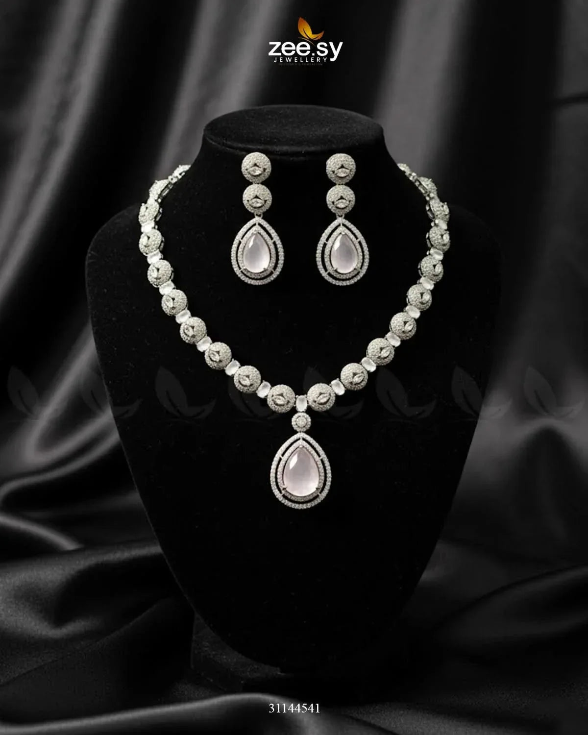 Elegant Heart Cluster Necklace Set Silver Mint Pink Necklace Sets - Zeesy Jewellery Pakistan | Premium Artificial & Imitation Jewellery