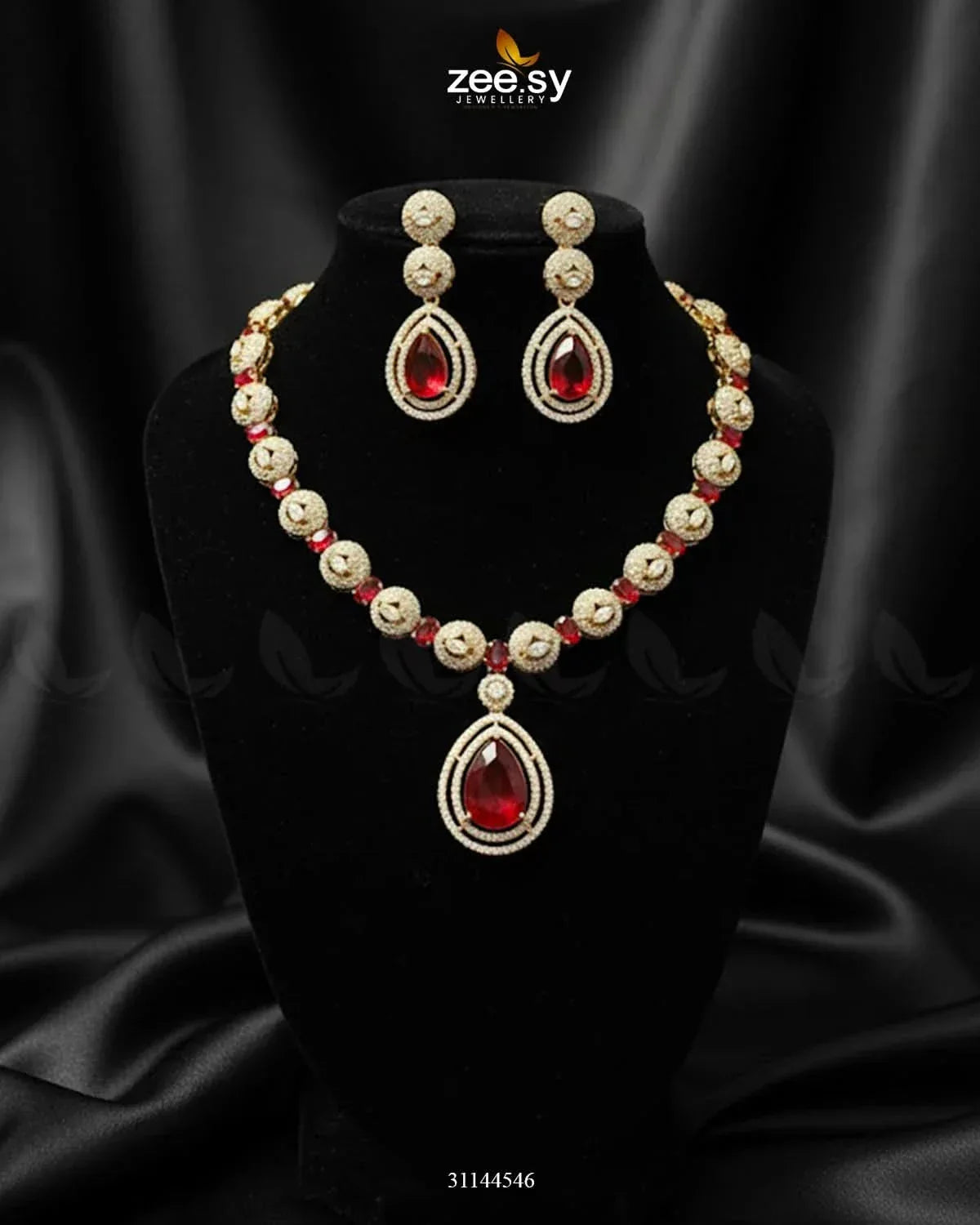 Elegant Heart Cluster Necklace Set Golden Red Necklace Sets - Zeesy Jewellery Pakistan | Premium Artificial & Imitation Jewellery