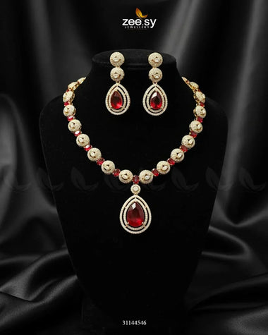 Elegant Heart Cluster Necklace Set Golden Red Necklace Sets - Zeesy Jewellery Pakistan | Premium Artificial & Imitation Jewellery