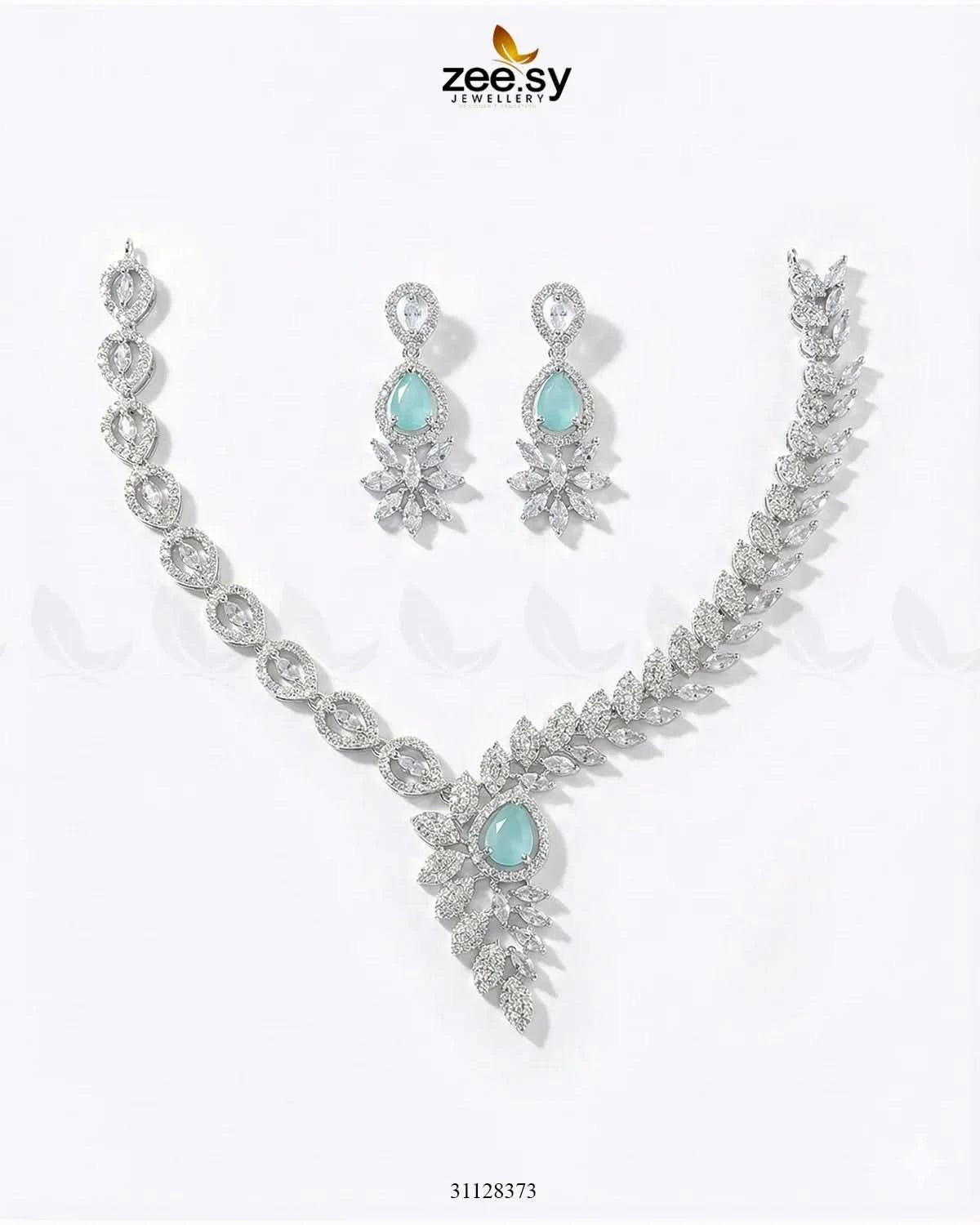 Royal Floral Zirconia Necklace Set Silver Mint Green Necklace Sets - Zeesy Jewellery Pakistan | Premium Artificial & Imitation Jewellery