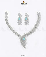 Royal Floral Zirconia Necklace Set Silver Mint Green Necklace Sets - Zeesy Jewellery Pakistan | Premium Artificial & Imitation Jewellery