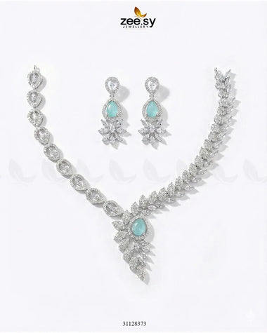 Royal Floral Zirconia Necklace Set Silver Mint Green Necklace Sets - Zeesy Jewellery Pakistan | Premium Artificial & Imitation Jewellery
