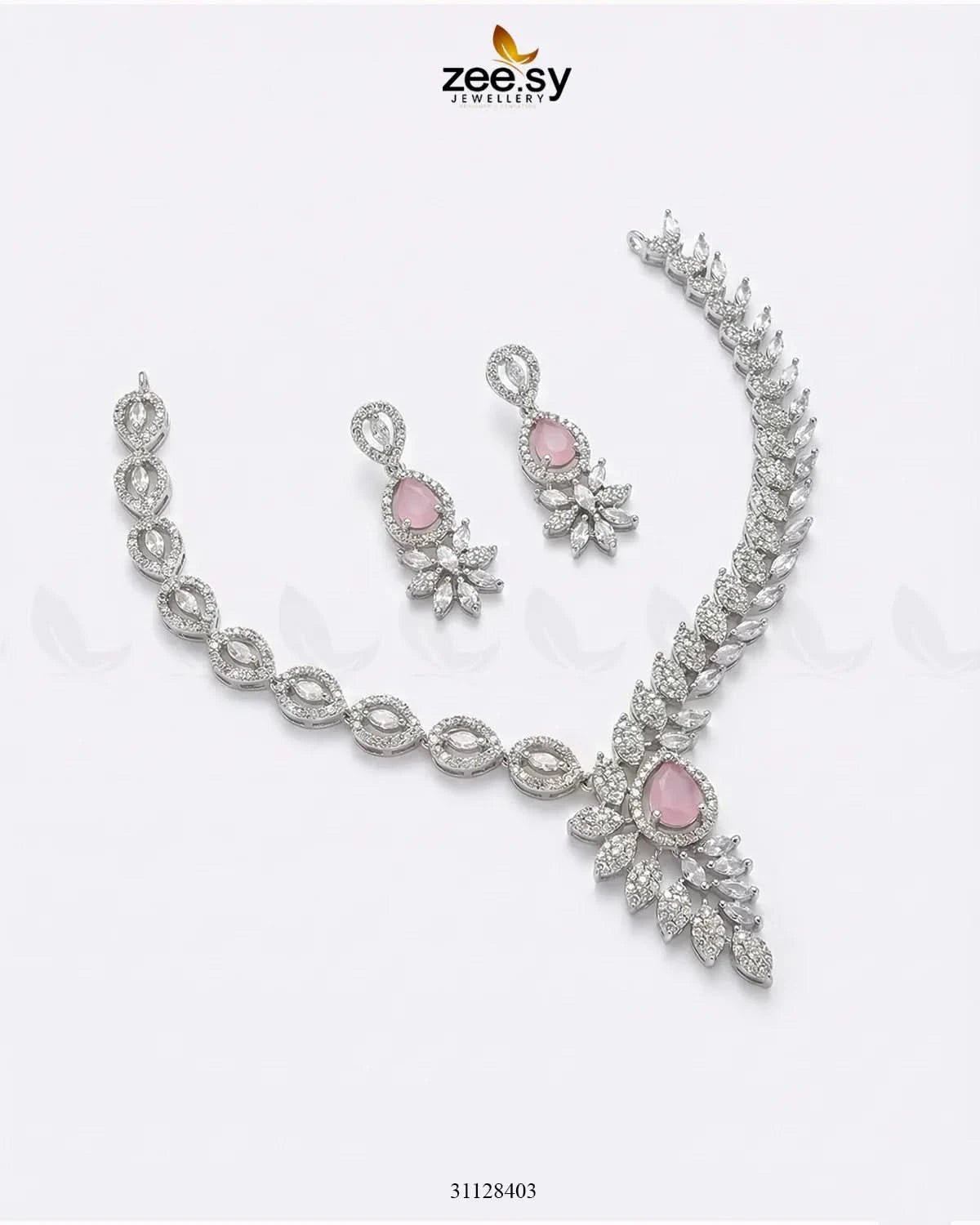 Royal Floral Zirconia Necklace Set Silver Mint Pink Necklace Sets - Zeesy Jewellery Pakistan | Premium Artificial & Imitation Jewellery