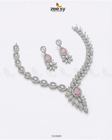 Royal Floral Zirconia Necklace Set Silver Mint Pink Necklace Sets - Zeesy Jewellery Pakistan | Premium Artificial & Imitation Jewellery