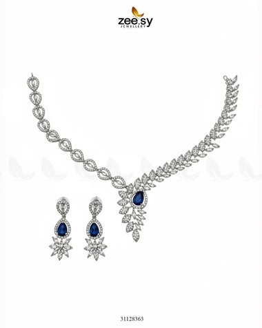 Royal Floral Zirconia Necklace Set Silver Blue Necklace Sets - Zeesy Jewellery Pakistan | Premium Artificial & Imitation Jewellery
