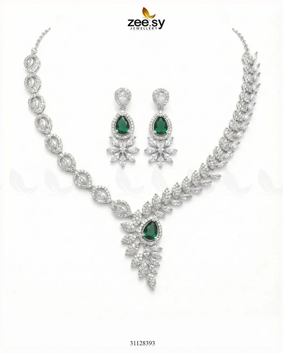 Royal Floral Zirconia Necklace Set Silver Green Necklace Sets - Zeesy Jewellery Pakistan | Premium Artificial & Imitation Jewellery