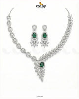 Royal Floral Zirconia Necklace Set Silver Green Necklace Sets - Zeesy Jewellery Pakistan | Premium Artificial & Imitation Jewellery