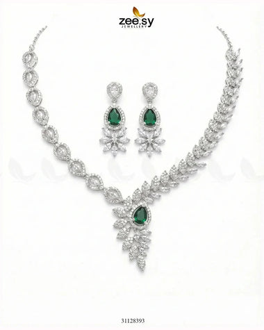 Royal Floral Zirconia Necklace Set Silver Green Necklace Sets - Zeesy Jewellery Pakistan | Premium Artificial & Imitation Jewellery