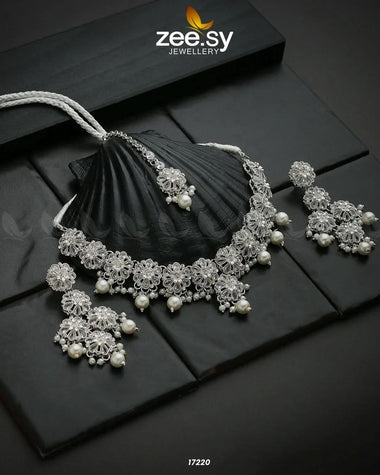 Magnolia Glimmer Necklace Silver White Necklace Sets - Zeesy Jewellery Pakistan | Premium Artificial & Imitation Jewellery