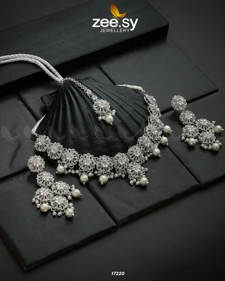 Magnolia Glimmer Necklace Silver White Necklace Sets - Zeesy Jewellery Pakistan | Premium Artificial & Imitation Jewellery