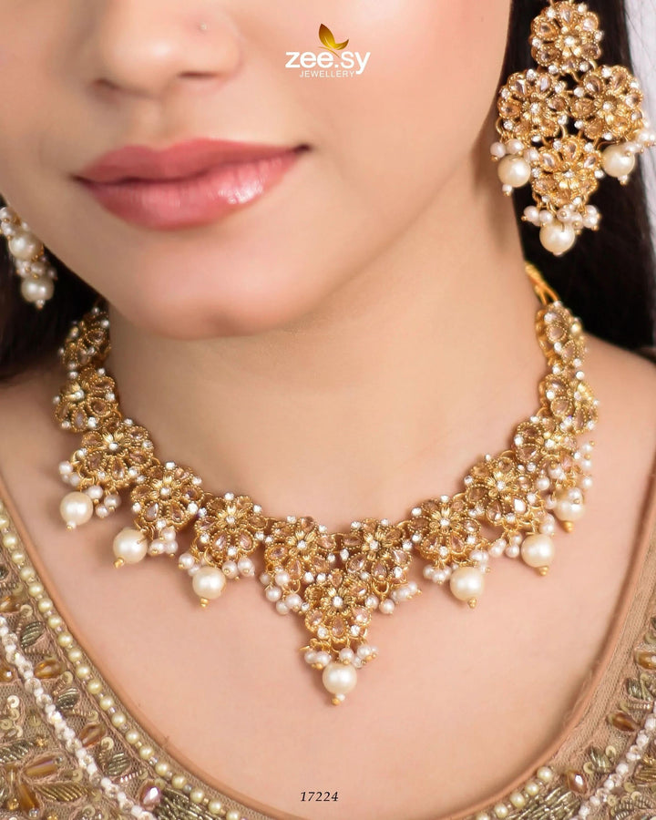 Magnolia Glimmer Necklace Champagne Necklace Sets - Zeesy Jewellery Pakistan | Premium Artificial & Imitation Jewellery