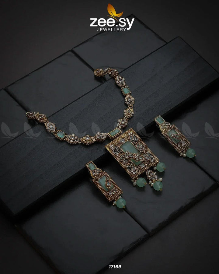 Majestic Gems Necklace Golden Mint Green Necklace Sets - Zeesy Jewellery Pakistan | Premium Artificial & Imitation Jewellery