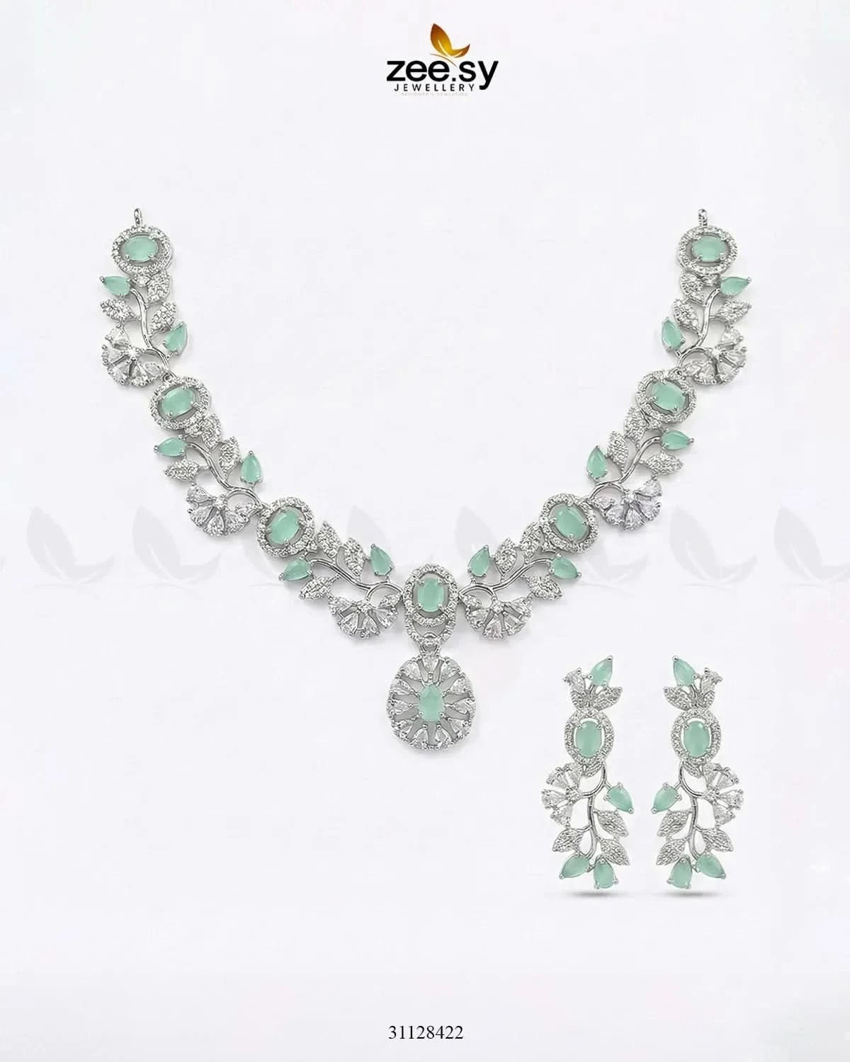 Silver Bold Stone Necklace Set Silver Mint Green Necklace Sets - Zeesy Jewellery Pakistan | Premium Artificial & Imitation Jewellery