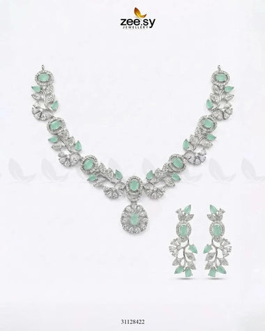 Silver Bold Stone Necklace Set Silver Mint Green Necklace Sets - Zeesy Jewellery Pakistan | Premium Artificial & Imitation Jewellery