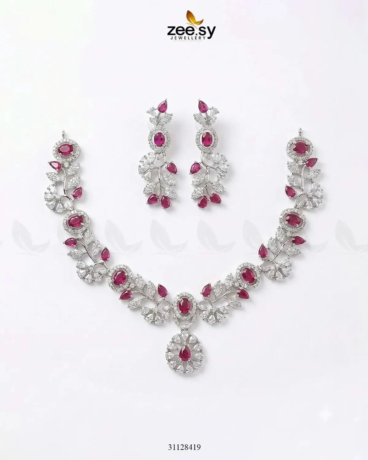 Silver Bold Stone Necklace Set Silver Ruby Necklace Sets - Zeesy Jewellery Pakistan | Premium Artificial & Imitation Jewellery