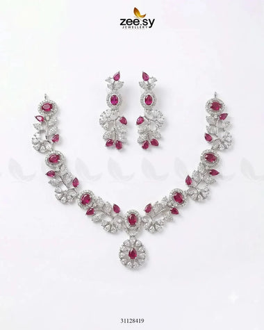 Silver Bold Stone Necklace Set Silver Ruby Necklace Sets - Zeesy Jewellery Pakistan | Premium Artificial & Imitation Jewellery