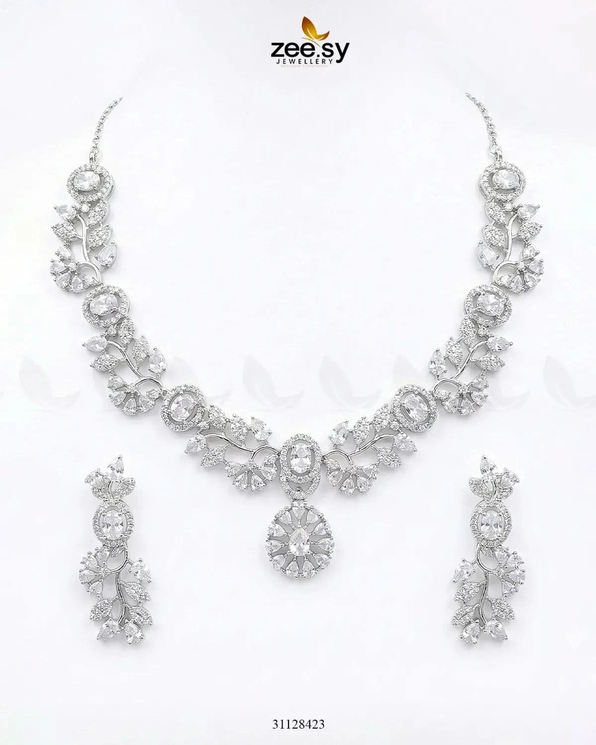Silver Bold Stone Necklace Set Silver White Necklace Sets - Zeesy Jewellery Pakistan | Premium Artificial & Imitation Jewellery