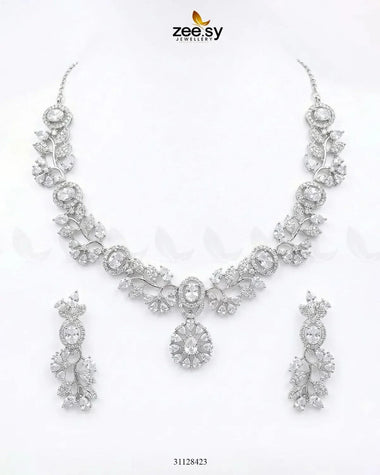 Silver Bold Stone Necklace Set Silver White Necklace Sets - Zeesy Jewellery Pakistan | Premium Artificial & Imitation Jewellery