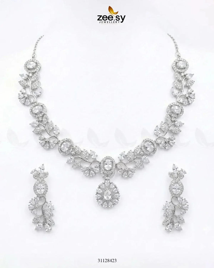 Silver Bold Stone Necklace Set Silver White Necklace Sets - Zeesy Jewellery Pakistan | Premium Artificial & Imitation Jewellery