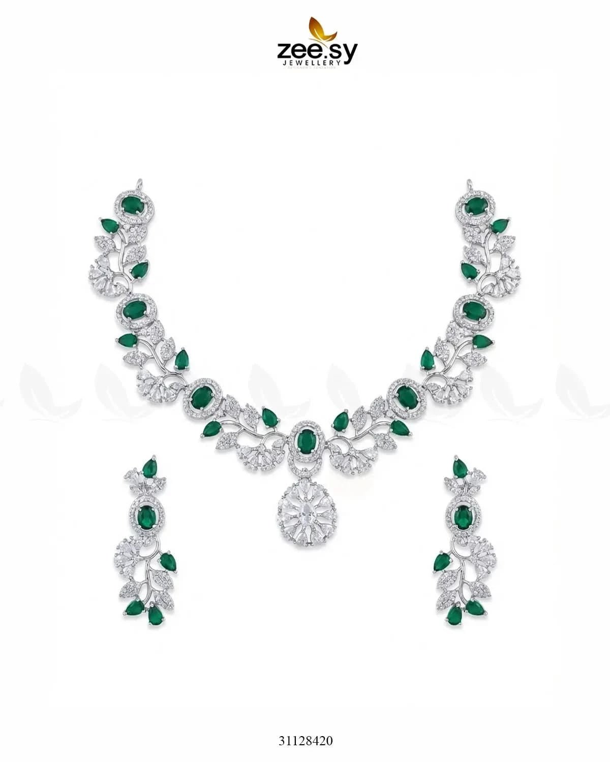 Silver Bold Stone Necklace Set Silver Green Necklace Sets - Zeesy Jewellery Pakistan | Premium Artificial & Imitation Jewellery