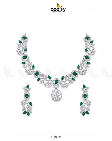 Silver Bold Stone Necklace Set Silver Green Necklace Sets - Zeesy Jewellery Pakistan | Premium Artificial & Imitation Jewellery