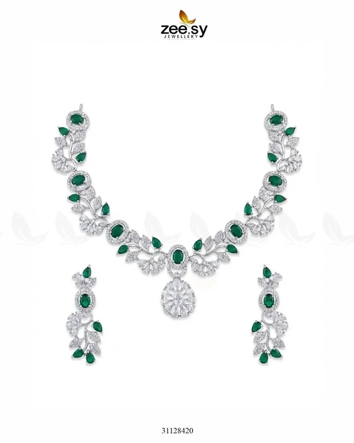 Silver Bold Stone Necklace Set Silver Green Necklace Sets - Zeesy Jewellery Pakistan | Premium Artificial & Imitation Jewellery