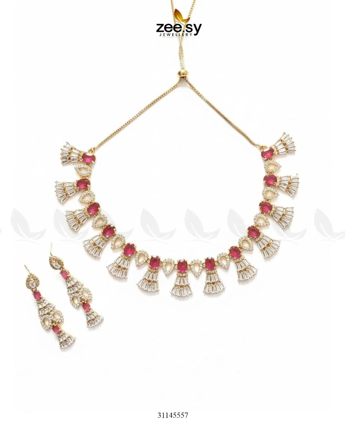 Baguette Fringe Tassel Necklace Set Golden Ruby Necklace Sets - Zeesy Jewellery Pakistan | Premium Artificial & Imitation Jewellery