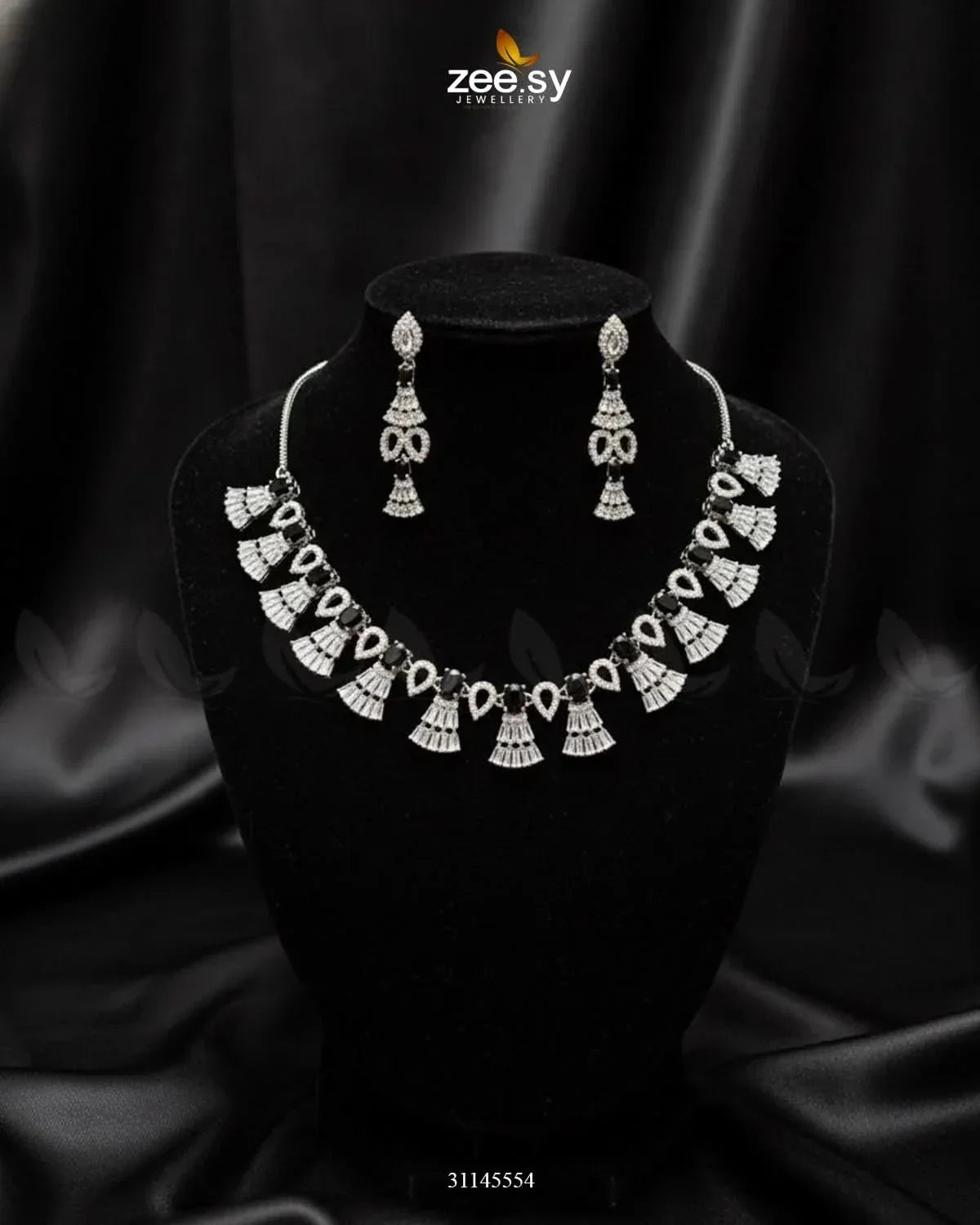 Baguette Fringe Tassel Necklace Set Silver Black Necklace Sets - Zeesy Jewellery Pakistan | Premium Artificial & Imitation Jewellery