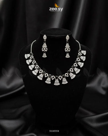 Baguette Fringe Tassel Necklace Set Silver Black Necklace Sets - Zeesy Jewellery Pakistan | Premium Artificial & Imitation Jewellery