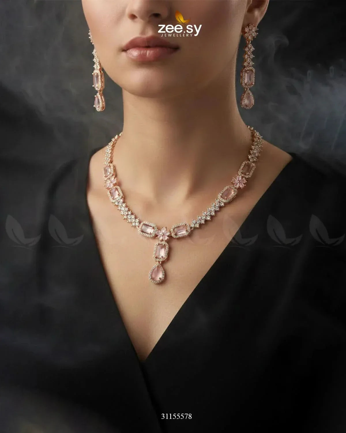 Destiny's Grand Oval Necklace Set Golden Mint Pink Necklace Sets - Zeesy Jewellery Pakistan | Premium Artificial & Imitation Jewellery