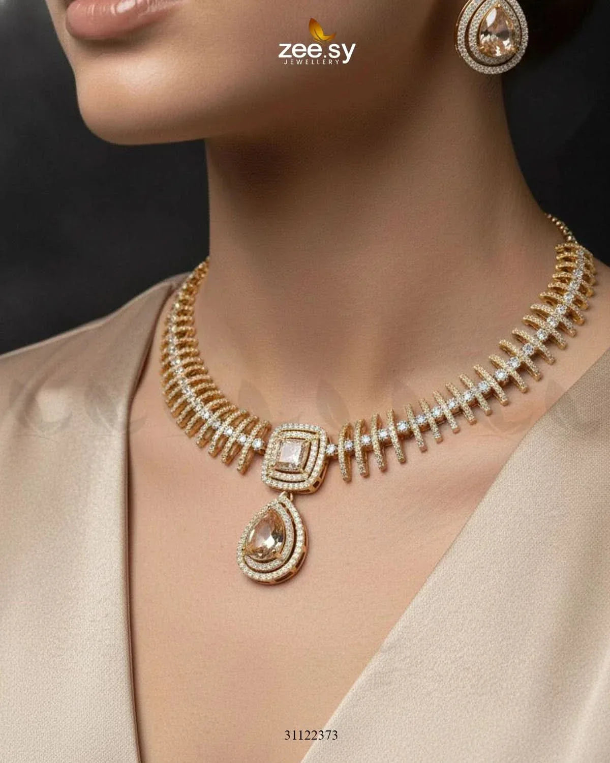 Kavita Art Oval Crystal Necklace Set Golden Champagne Necklace Sets - Zeesy Jewellery Pakistan | Premium Artificial & Imitation Jewellery